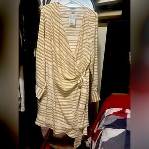 Tan & white wrap dress! Can wear to the office then out for a night on the town